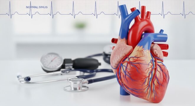 Cardiology Focus:  A realistic depiction of the human heart rests on a pristine surface, accompanied by the tools of medical diagnosis, highlighting the significance of cardiovascular health.