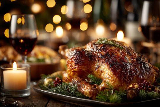 Festive dinner table with roasted turkey, candles, and wine glasses set for a holiday celebration - Powered by Adobe