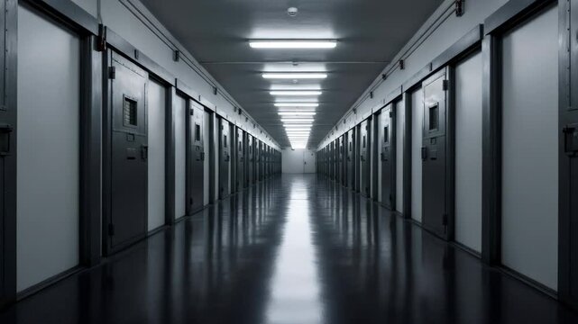 Empty prison corridor with rows of cell doors. Long hallway in a detention facility or correctional institution. Justice, crime, and punishment concept.