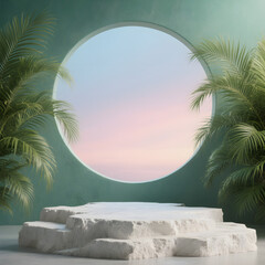 Stone podium with palm leaves and circular window overlooking sky