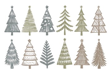 Fototapeta premium Collection of hand drawn christmas trees isolated on white background