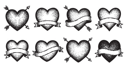 Eight hand-drawn vintage-style heart illustrations featuring arrows and blank banners for customizable designs.