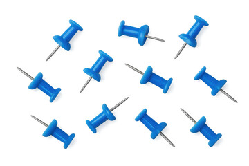 Scatter of blue pushpins arranging on a transparent background, displaying a pattern for office concepts and organization