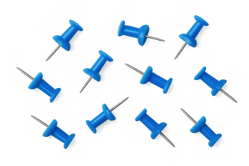 Scatter of blue pushpins arranging on a transparent background, displaying a pattern for office concepts and organization