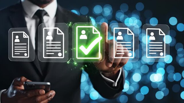 Concept de recrutement et technologie RH. Homme d'affaires choisissant le meilleur candidat sur une interface virtuelle