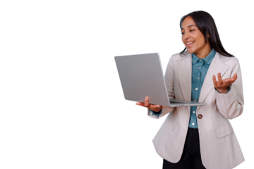Businesswoman having online meeting on laptop, communicating and discussing during virtual presentation, transparent background