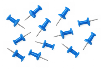 Blue pushpins falling and scattered on a transparent background, office supplies and stationery items for organization