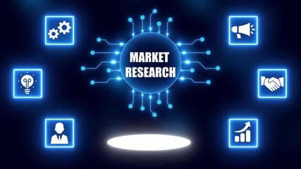 Market Research Concept with Icons and Glowing Circuit Board on Dark Blue Background analysis data - Powered by Adobe