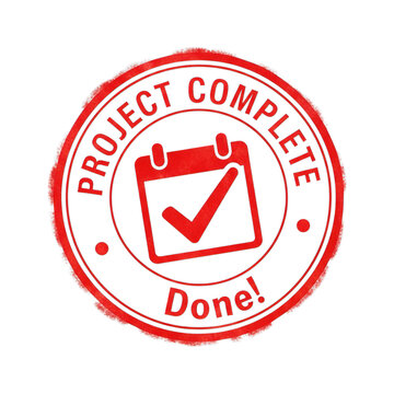 Red circular stamp with text project complete and done with a calendar icon and checkmark isolated on transparent background