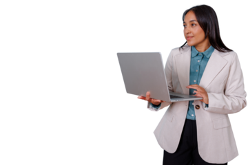 Businesswoman holding laptop and looking away, showcasing professionalism and technology in modern business, transparent background