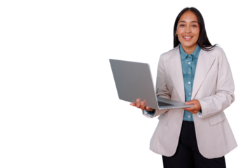 Businesswoman standing, smiling, and holding a laptop, presenting technology for corporate communication on transparent background