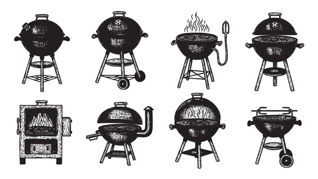 Black and white illustrations of various round and rectangular charcoal grills, featuring grills with lids, handles, wheels, and a chimney pipe for outdoor cooking.