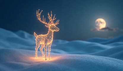 Magical Reindeer Figure on Snowy Hill under Full Moon — Minimal Peaceful Christmas Light Scene