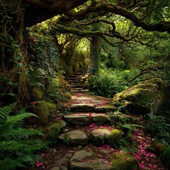 A serene stone pathway winding through a lush forest. 