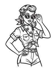 Black outline vector icon of a stylish retro woman in a headscarf and sunglasses with a knotted shirt and high-waisted shorts.