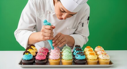 Skilled baker artfully decorates colorful cupcakes with frosting using a piping bag