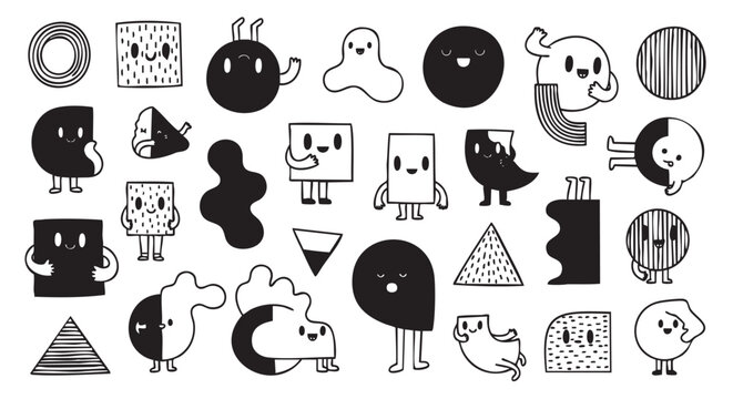 Black and white illustration of whimsical geometric characters, each with unique features and facial expressions, standing or floating in various poses.