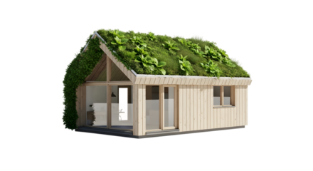 Green roof modern sustainable house isolated on transparent background