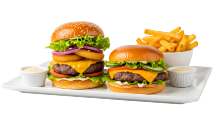 burger; hamburgers; cheeseburger; double; decker; meat; beef; bun; cheese; lettuce; tomato; onion; rings; fries; frenchfries; chips; sauce; dip; dipping; fastfood; junkfood; meal; dinner; lunch; unhea