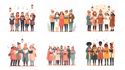 Collection of Christmas vector illustration of people singing Christmas carols, full body characters on white background for festive artwork, perfect for Christmas Holidays Banner templates.	