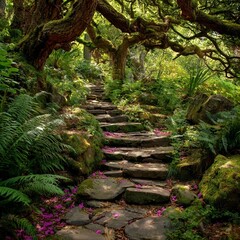 A serene stone pathway winding through a lush forest. 