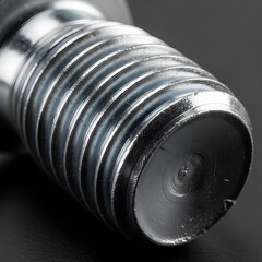 Extreme macro detail of an industrial bolt's metal thread on a black background