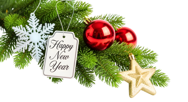 New year decoration with fir branch and tag isolated on transparent background