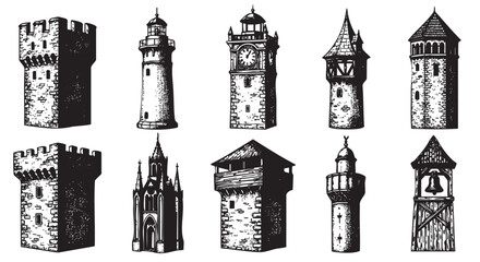 Set of ten intricately detailed black and white sketch-style tower illustrations, featuring varied historical architectural designs.