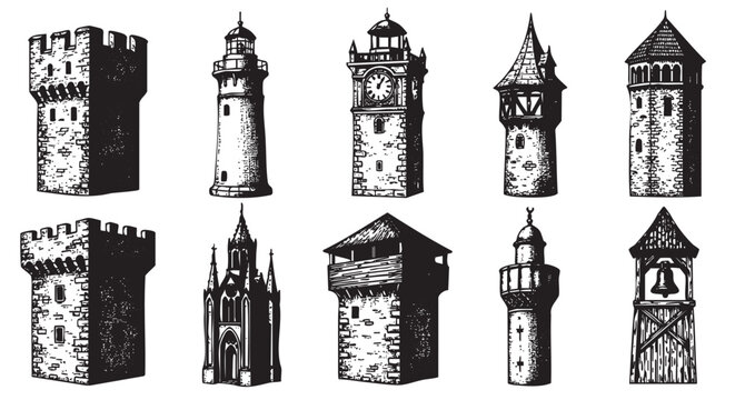 Set of ten intricately detailed black and white sketch-style tower illustrations, featuring varied historical architectural designs.