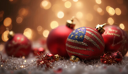 Elegant Red and Gold Christmas Ornaments with USA Flag Texture and Bokeh Lights — Luxury Holiday Banner Design