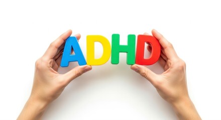 Fototapeta premium ADHD Awareness: Gentle hands carefully present the word ADHD in vibrant, colorful letters, representing understanding and support for those with Attention-Deficit/Hyperactivity Disorder.