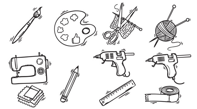 Hand-drawn sketch of various crafting tools including a paintbrush, palette, scissors with knitting project, yarn ball, sewing machine, pencil, glue guns, ruler, and measuring tape.