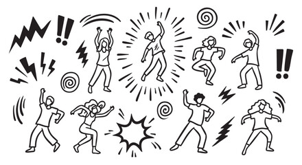 Fototapeta premium Hand-drawn monochrome illustration of diverse figures energetically dancing, surrounded by dynamic motion lines and expressive symbols like exclamation marks and spirals.
