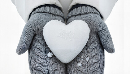 Snow heart on gray mittens on white background, Scandinavian minimalist style, cozy winter concept