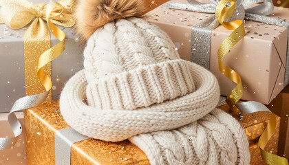 Luxurious Christmas scene with neatly folded knitted winter hat and matching scarf on stack of gold and red wrapped gifts, cozy festive atmosphere, soft warm lighting, realistic photography style, 8K 