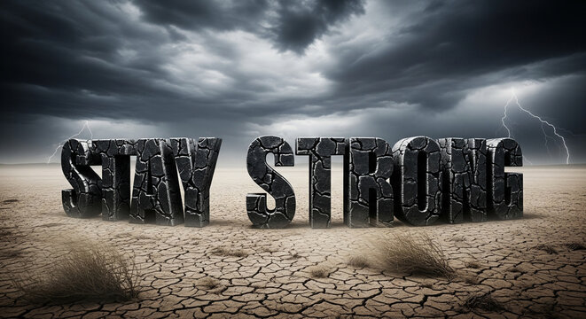Inspirational 'Stay Strong' message rendered in stone against a dramatic storm backdrop and cracked earth. Use for resilience campaigns, mental health, overcoming adversity.