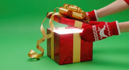 Unveiling a magical Christmas gift glowing with festive holiday cheer and excitement