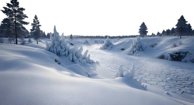 Snow covered winter landscape with frozen river isolated on transparent background