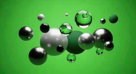 Dynamic abstract spheres float in vibrant green space, modern composition