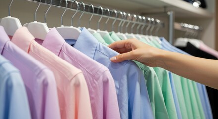 Womans hand reaching for blue dress shirt on a rack