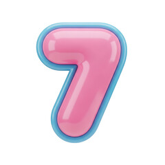 A glossy, pink number seven with a blue outline, isolated on white.