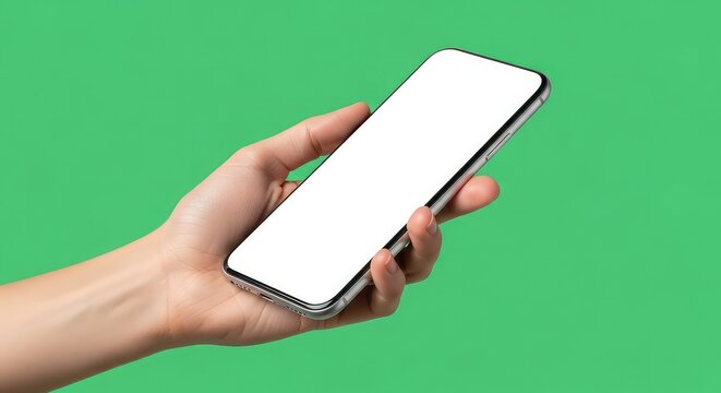 Hand holding modern smartphone with blank screen ready for your content on green background - Powered by Adobe