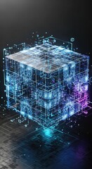 Dynamic digital cube with glowing blue circuits and data streams in futuristic concept