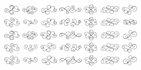 Collection of elegant black hand drawn flourishes and swirls on white background