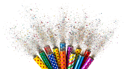 Confetti bursts from colorful party poppers isolated on transparent background