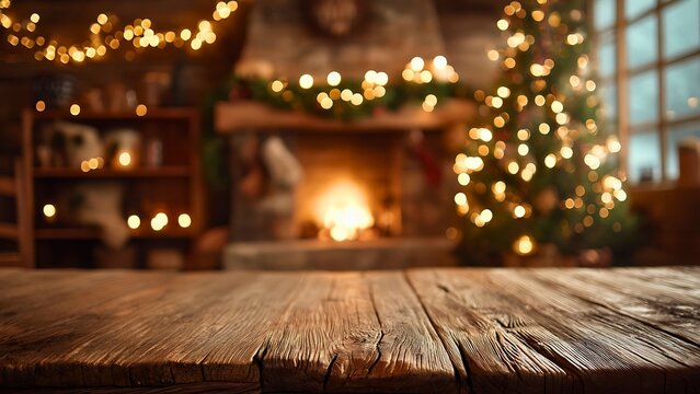 A warm Christmas setting, with a rustic wooden table in the foreground and a lit fireplace and Christmas tree in the background. Christmas decoration with a blurry background