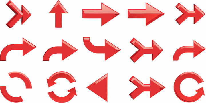 Collection of shiny red arrows pointing in various directions and shapes on a white background