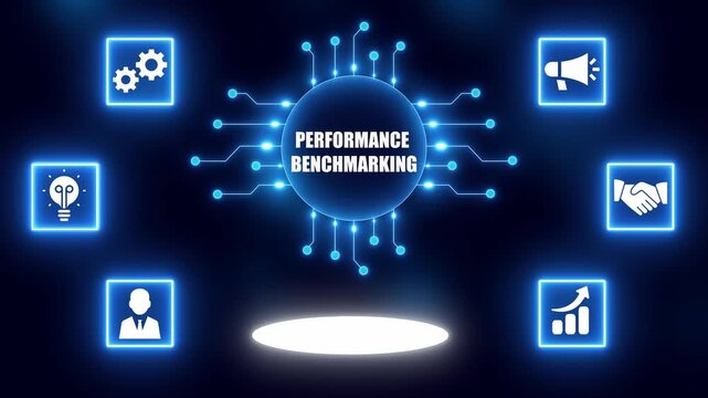 Central glowing circle with PERFORMANCEBENCHMARKING surrounded by connected icons representing business concepts on a dark blue background
