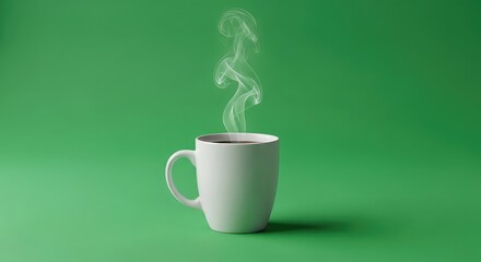 Steaming white coffee mug with aromatic vapor rising against a vibrant green backdrop