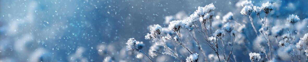 Frozen plants covering with snow falling in cold winter